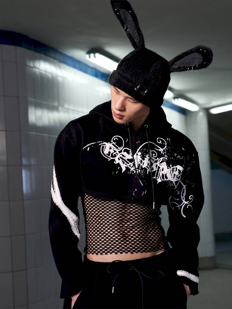 Splatter-Printed Lace-Trimmed Faux Two-Piece Hoodie【s0000014418】