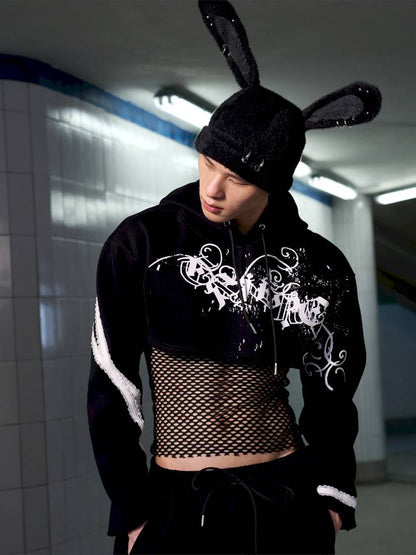 Splatter-Printed Lace-Trimmed Faux Two-Piece Hoodie【s0000014418】