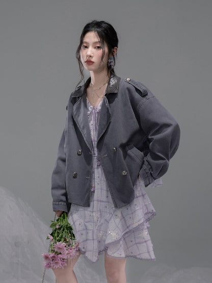 Ink Gray Leather Washed Denim Jacket【s0000015741】
