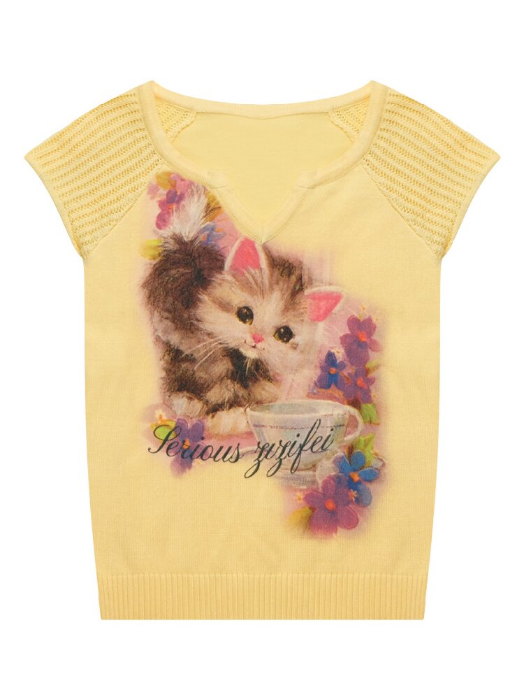 Warm Yellow Cat Print Knitted T-Shirt【s0000017148】