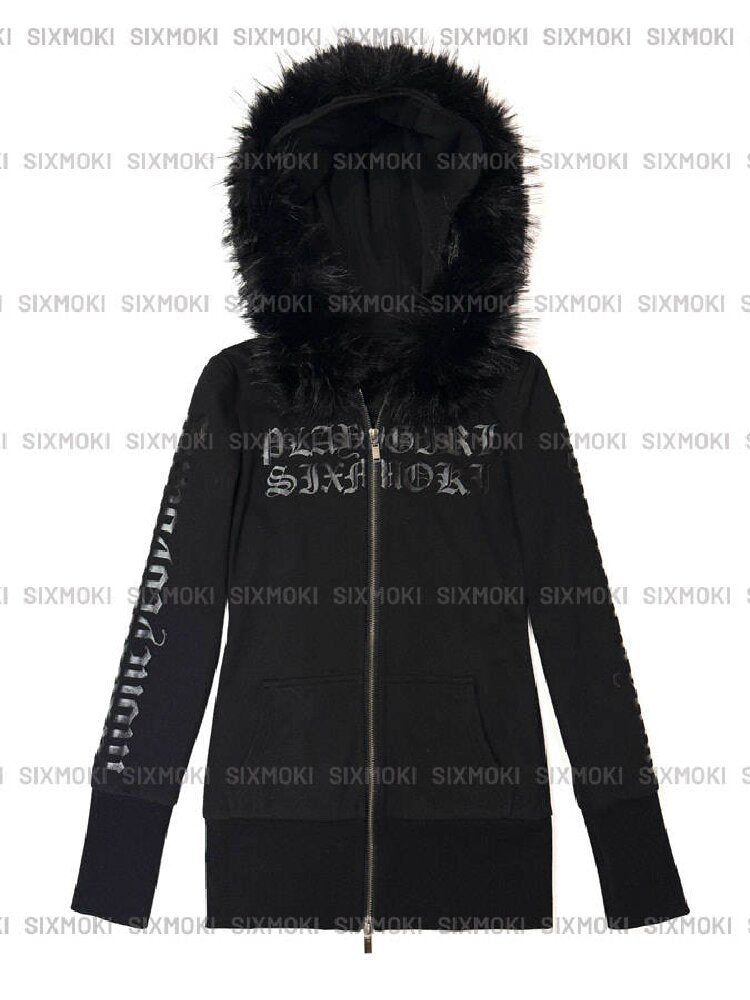 Glossy Black Fleece Hooded Fur Sweatshirt【s0000019103】