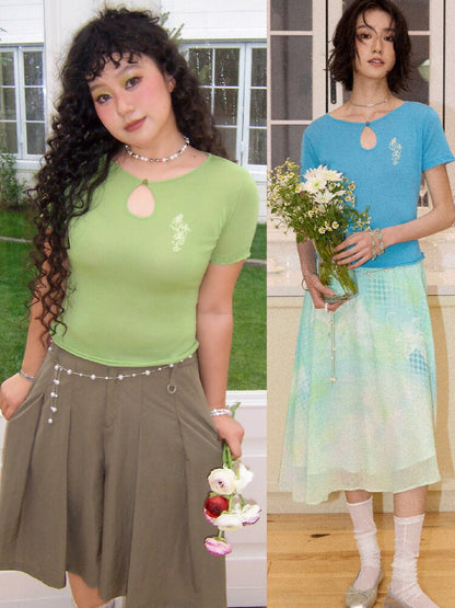 Flower Embroidery Cut Out Knit Tee【s0000016663】