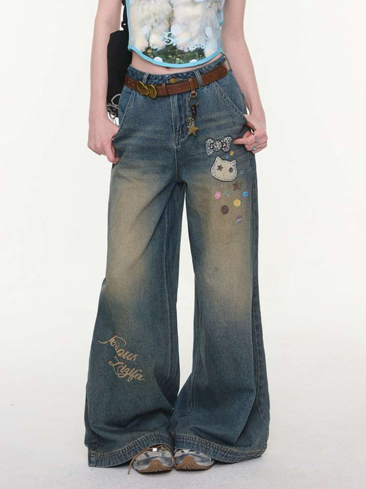 Cat Printed Straight Wide Jeans【s0000015431】