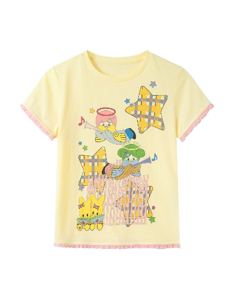 Star Angel Print Lace Short Sleeve Tee【s0000017696】