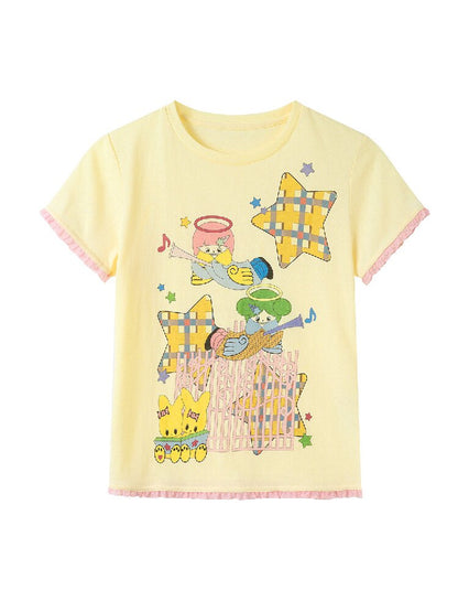 Star Angel Print Lace Short Sleeve Tee【s0000017696】