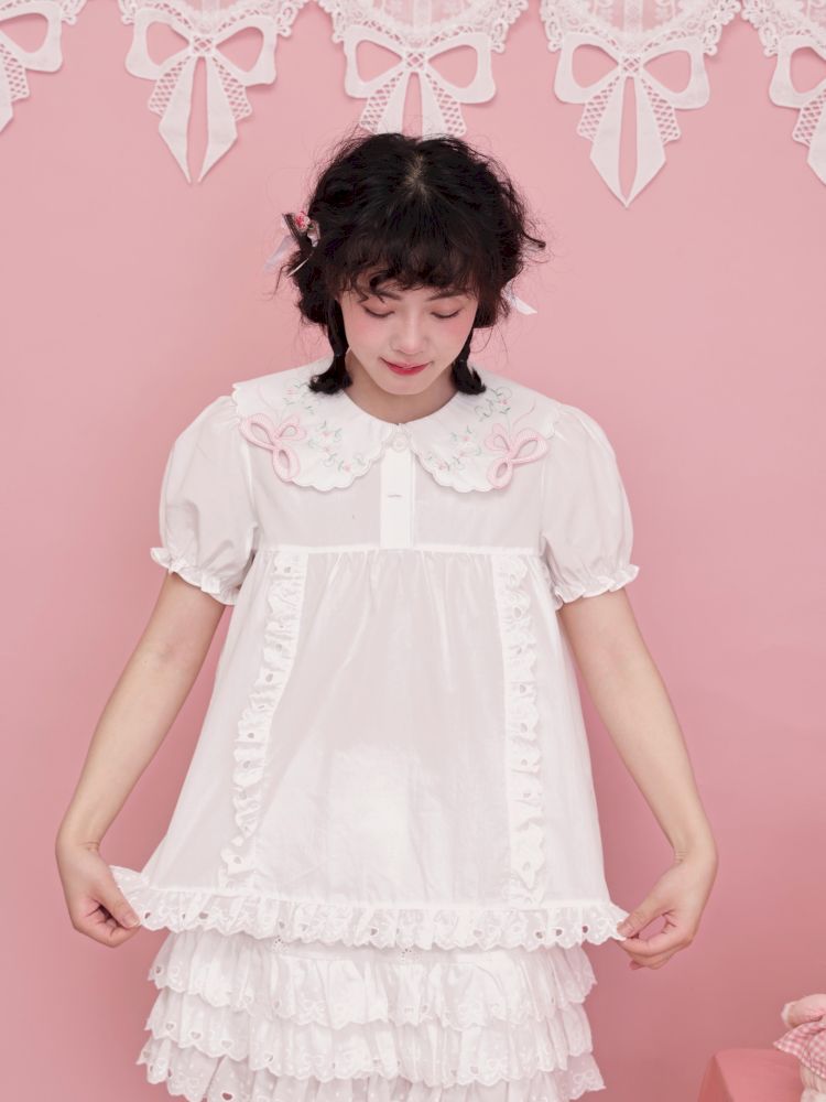 Doll collar puff sleeve lace shirt【s0000012852】