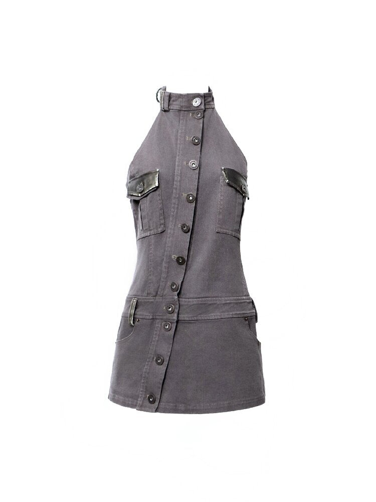 Distressed Halterneck Denim Dress【s0000016287】