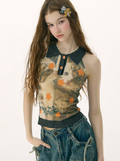 Starfall Cat Print Knitted Vest【s0000016849】