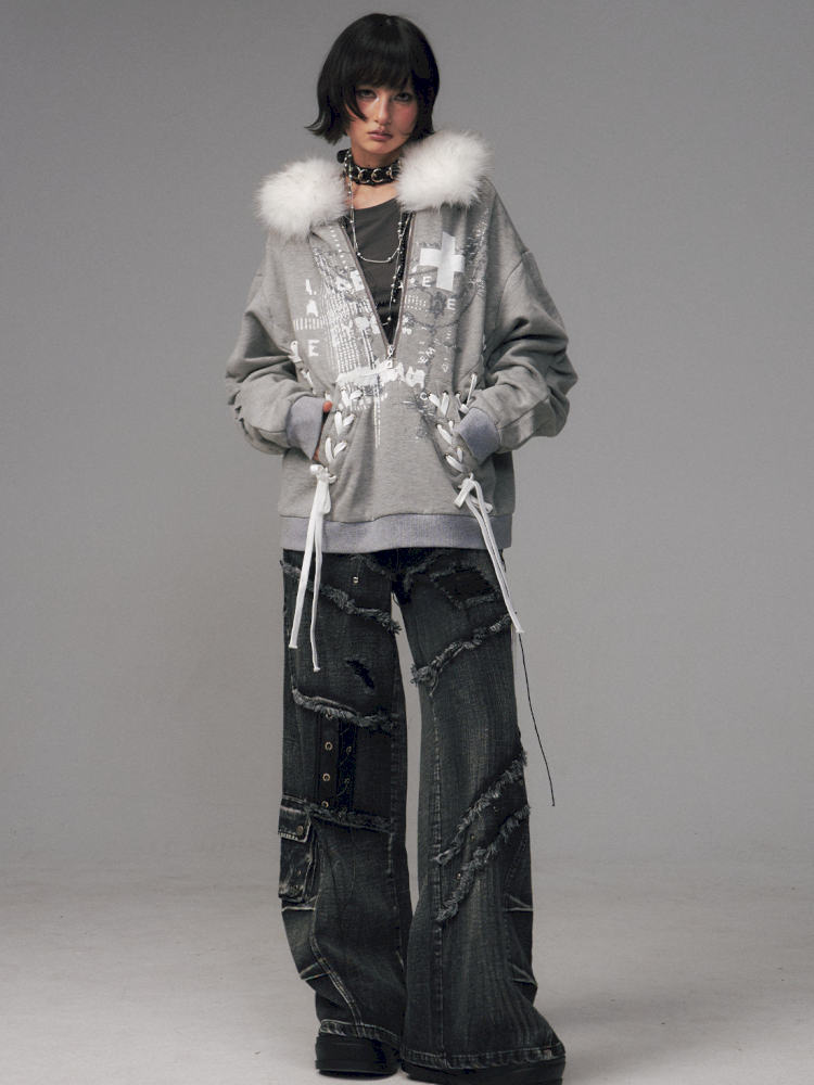 Tie-Front Printed Half-Zip Hoodie【s0000014452】