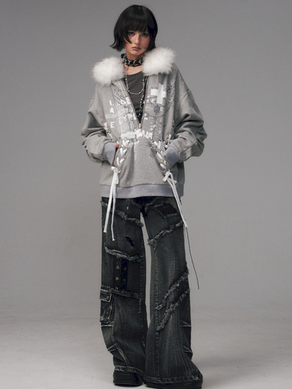 Tie-Front Printed Half-Zip Hoodie【s0000014452】