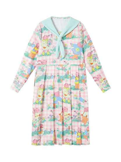 Pink Bear Illustration Print Dress【s0000014496】