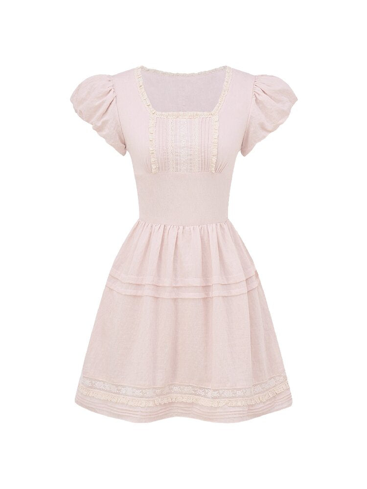 Pink Cotton Lace Bud Sleeve Dress【s0000016361】