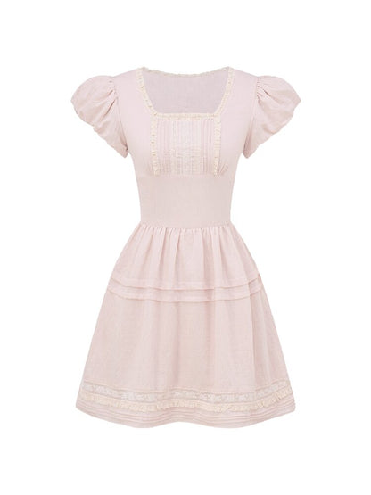 Pink Cotton Lace Bud Sleeve Dress【s0000016361】