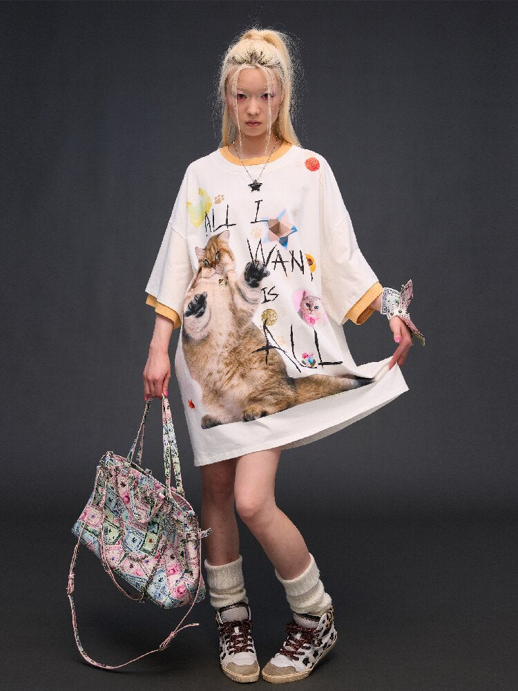 Cat Print Loose Fit T-Shirt【s0000017028】