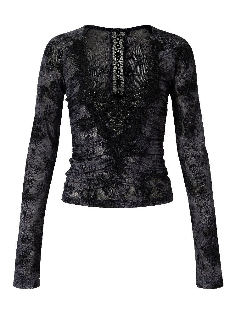 Crochet Flocked Lace Slim Shirt【s0000015934】