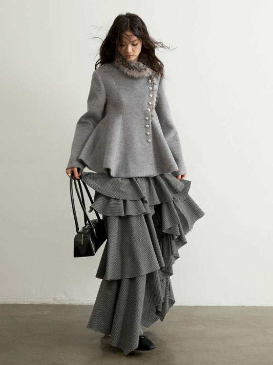 Vintage Gray Striped Ruffle Skirt【s0000015185】