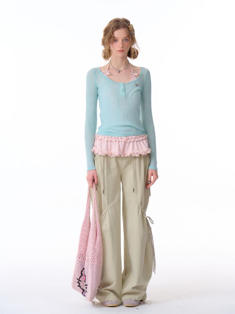 Trim jersey semi-sheer long-sleeved T-shirt 【s0000011676】