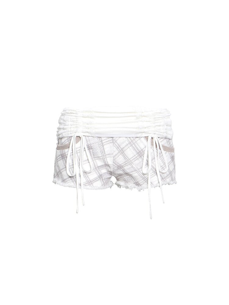 White Knit Paneled Denim Shorts【s0000017017】