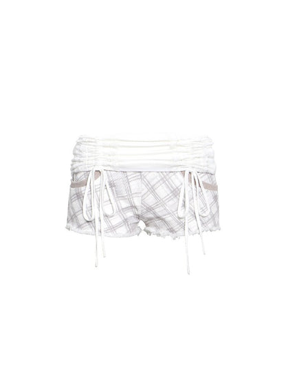 White Knit Paneled Denim Shorts【s0000017017】
