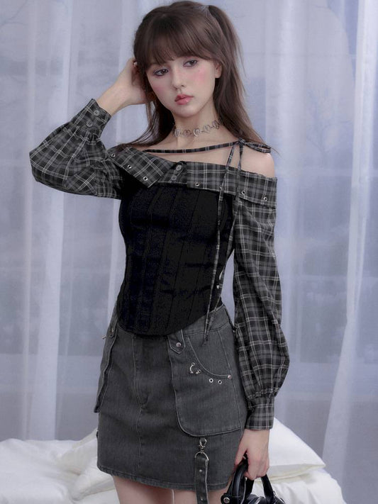 Check Pattern Strap One-Shoulder Shirt【s0000014370】