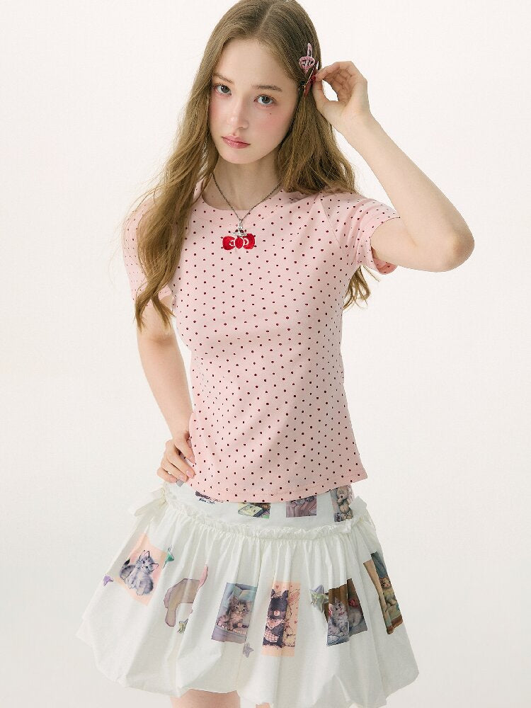 Polka Dot Bow Slim Short Sleeve T-Shirt【s0000016854】