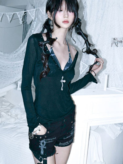 Studded denim shorts【s0000012697】