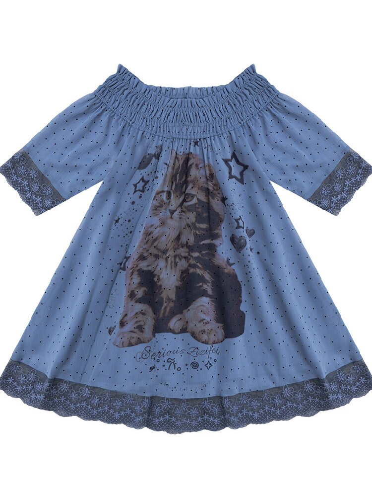 Lace Patchwork Dot Cat Print T-Shirt【s0000017306】