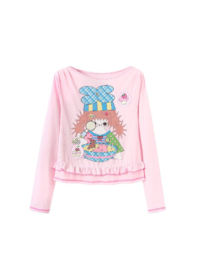 Pink Illustration Lace Long Sleeve T-Shirt【s0000018373】