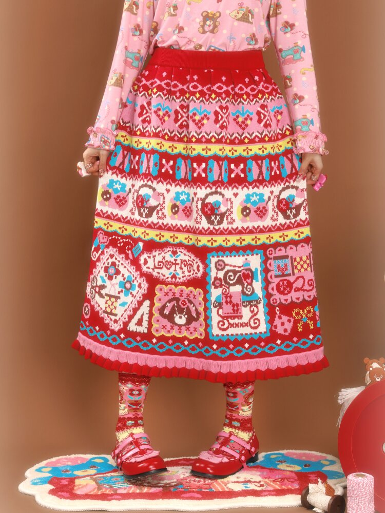 Red Jacquard Vintage Lace Skirt【s0000015590】