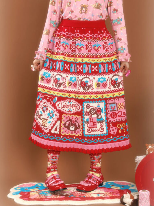 Red Jacquard Vintage Lace Skirt【s0000015590】