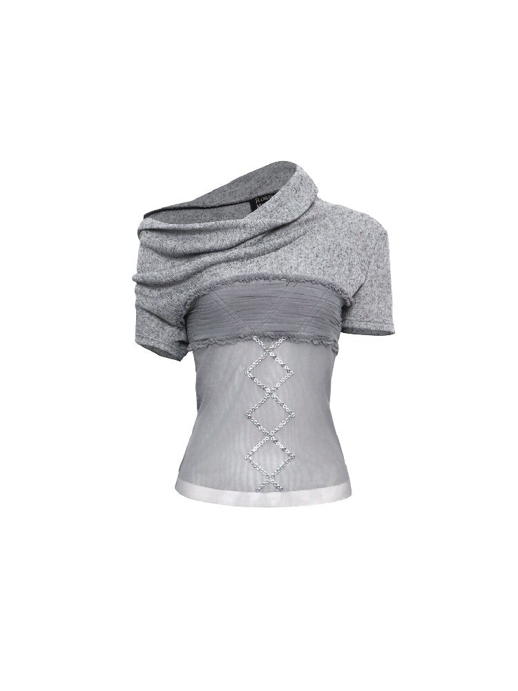 Stacked Neck Mesh Knitted T-Shirt【s0000016290】