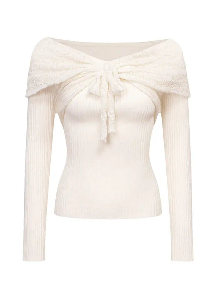 Bow-Tie Slim-Fit Long-Sleeve Knit Top【s0000014339】