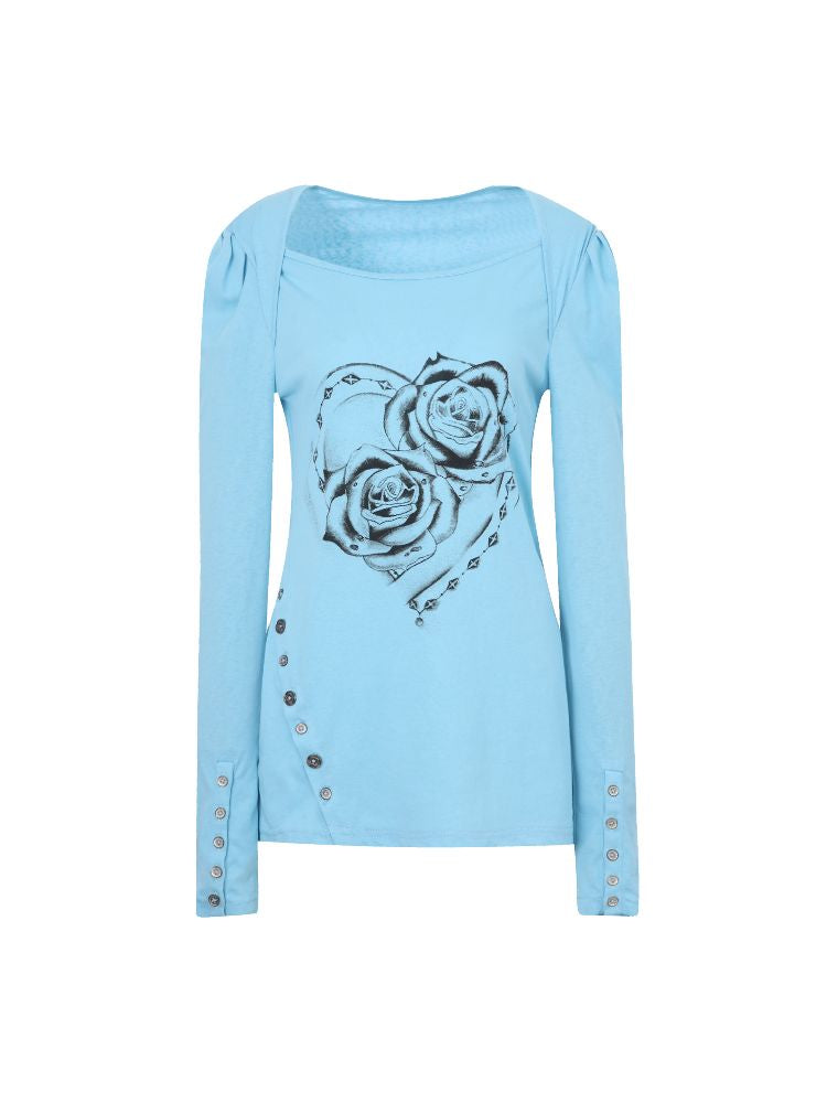 Bubble Sleeve Square Neck Printed Long Sleeve Tee【s0000011840】