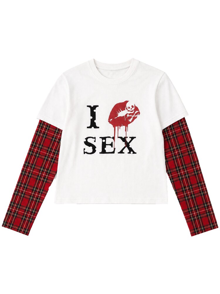 Red Plaid Patchwork Long T-Shirt【s0000018566】