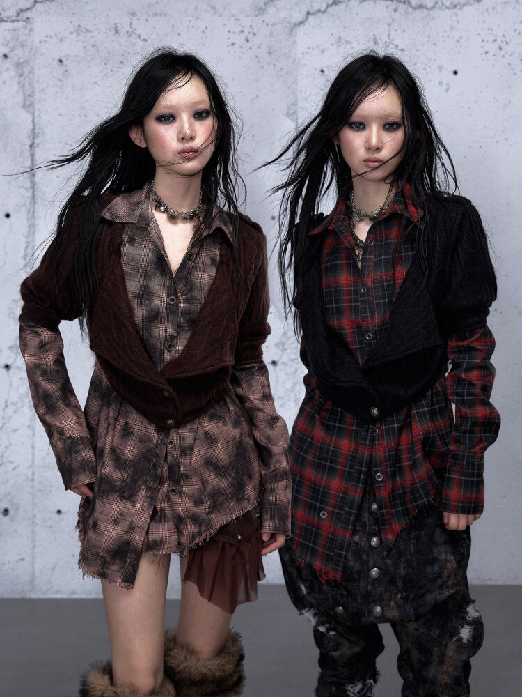 Check Knit Fake Two Piece Shirt【s0000015547】