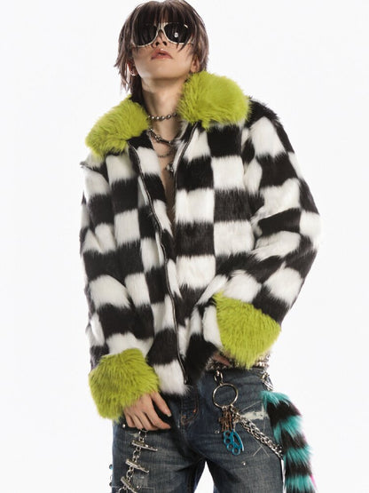 Checkerboard Patchwork Faux Coat【s0000019278】