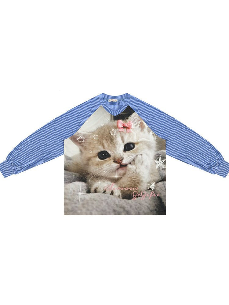Striped Cat Print Sweatshirt Top【s0000017881】