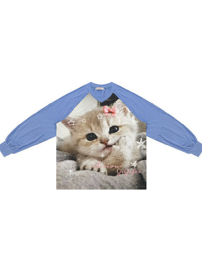 Striped Cat Print Sweatshirt Top【s0000017881】