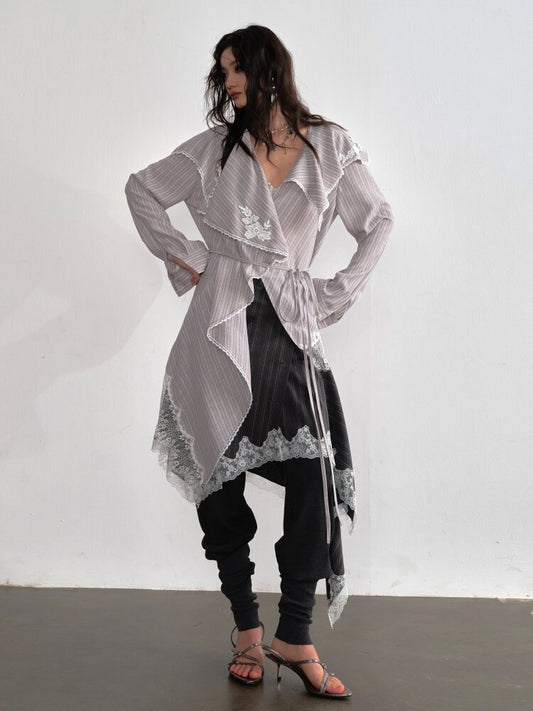 Lace Applique Ruffled Striped Shirt【s0000015700】