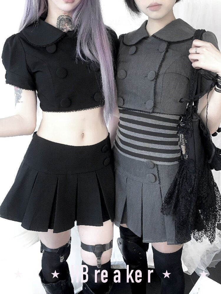 Gray Pleated Midi Skirt Blazer Set【s0000017400】