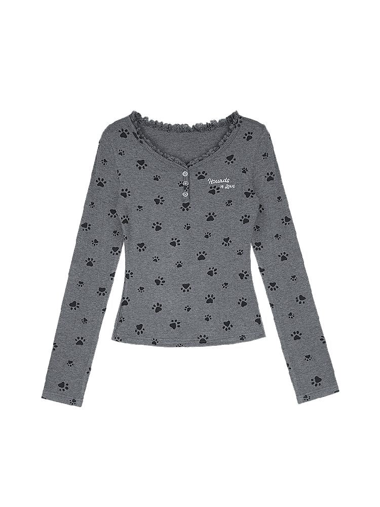 V-neck Long Sleeve Slim Printed Gray T-shirt【s0000011663】