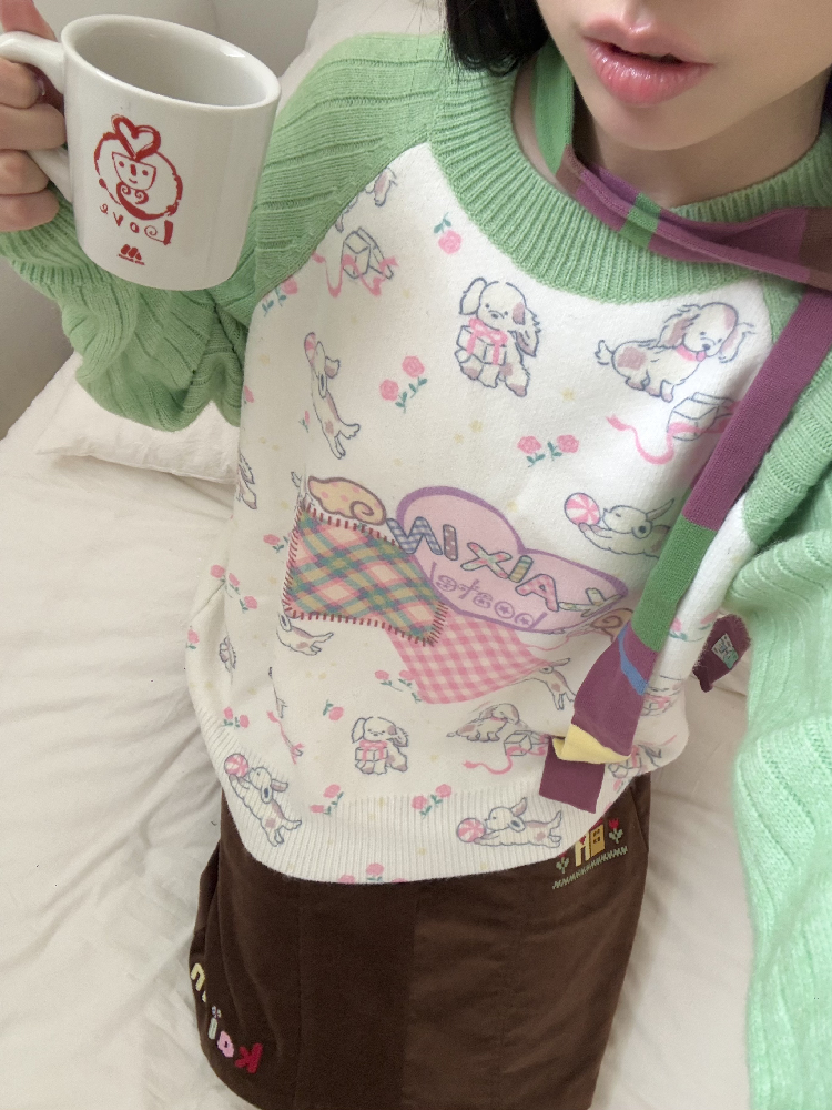Puppy Floral Print Color Block Sweater【s0000019080】
