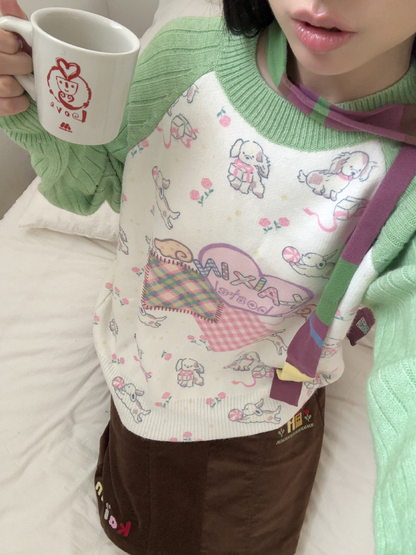 Puppy Floral Print Color Block Sweater【s0000019080】