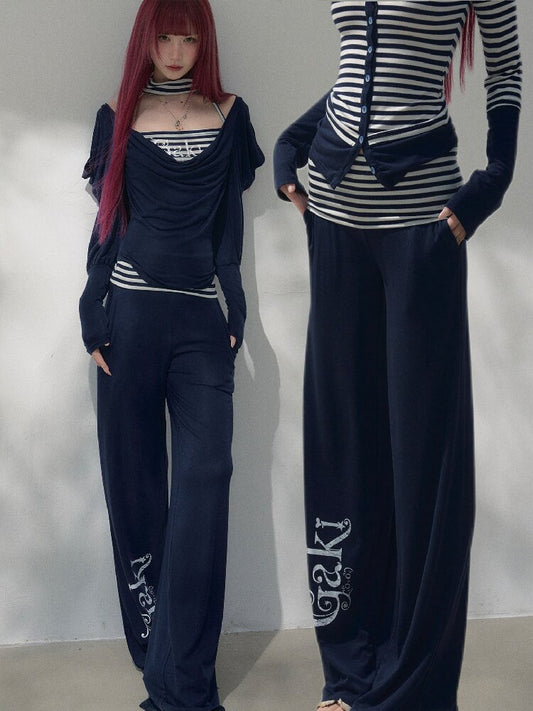 Navy Blue Wool Patchwork Pants【s0000019258】