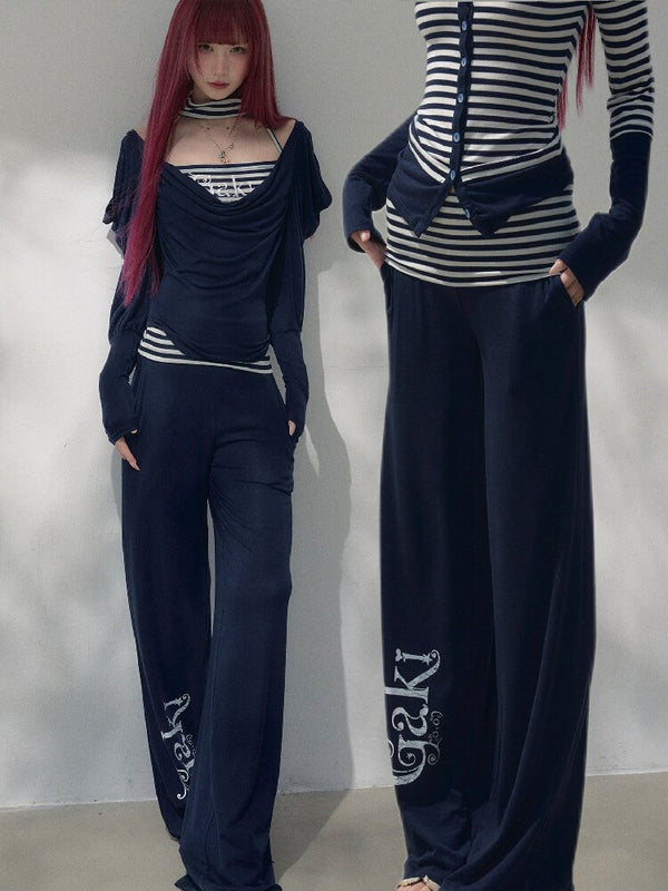 Navy Blue Wool Patchwork Pants【s0000019258】