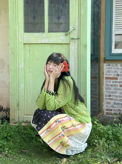 Patchwork lace print polka dot pleated skirt【s0000012769】