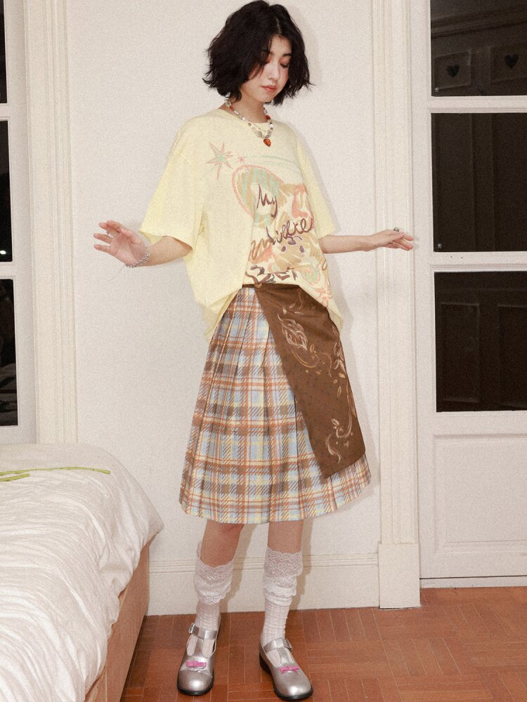 Plaid Flower Pleated Spliced Skirt【s0000015465】