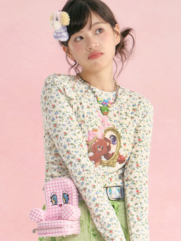 Floral Bear Stretchy Long Sleeve Top【s0000018725】