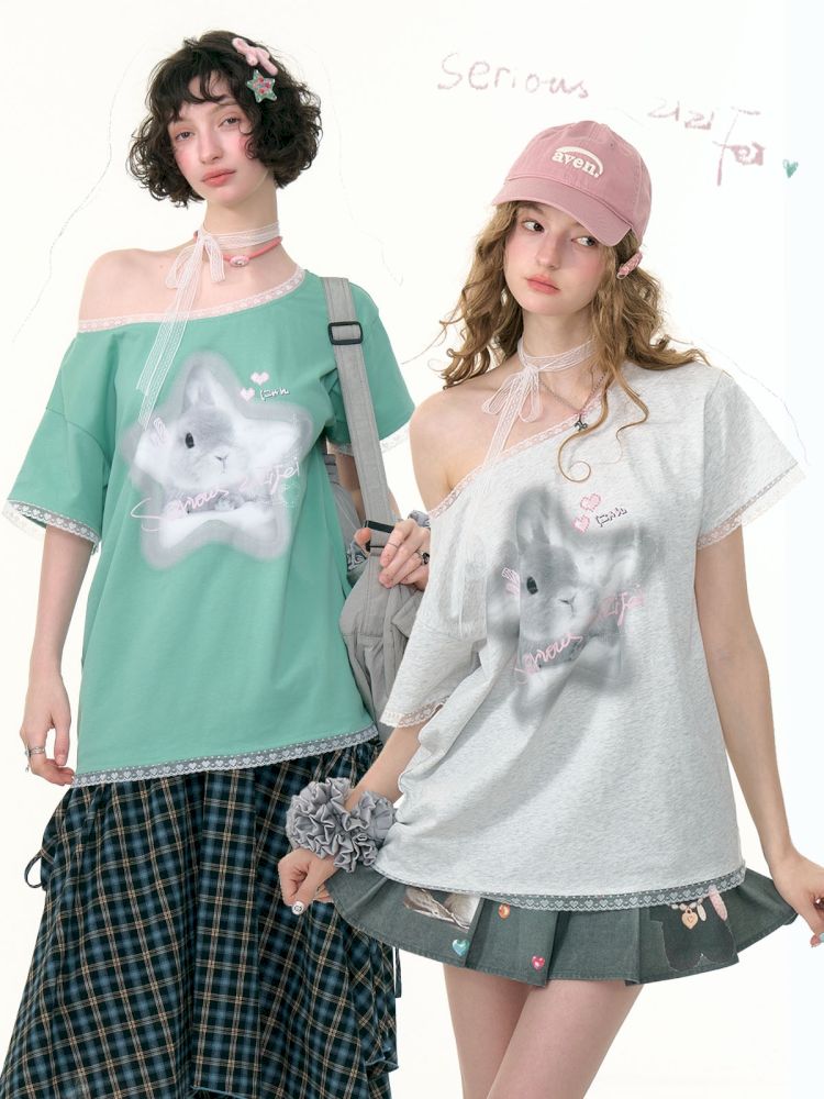 Lace edge large round neck loose short sleeve t-shirt【s0000013373】