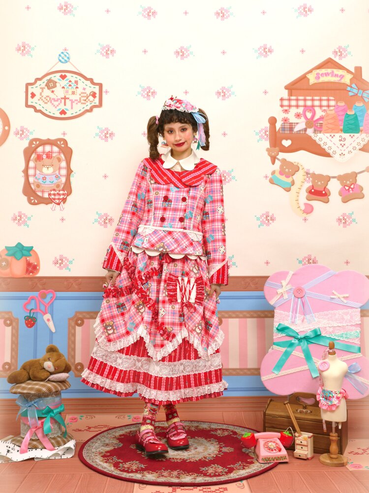 Red Pink Check Lace Skirt Blazer【s0000015574】